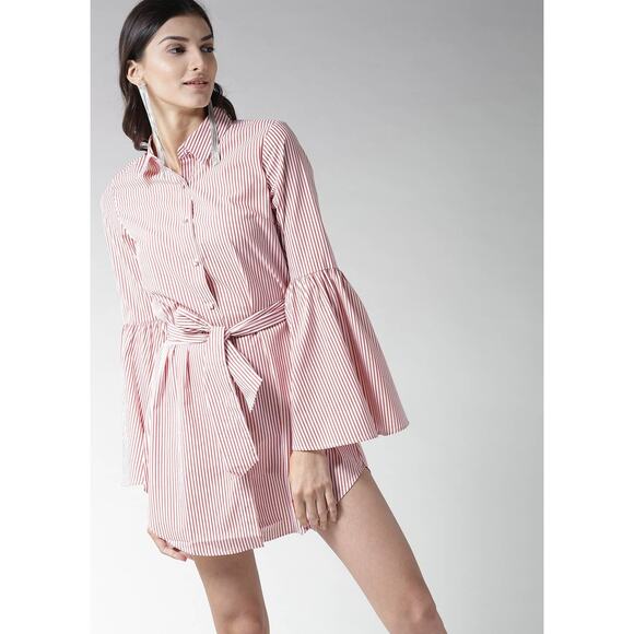 Forever 21 Contemporary Red White Shirt Dress Size Small Belted Bell Sleeve - Picture 1 of 6